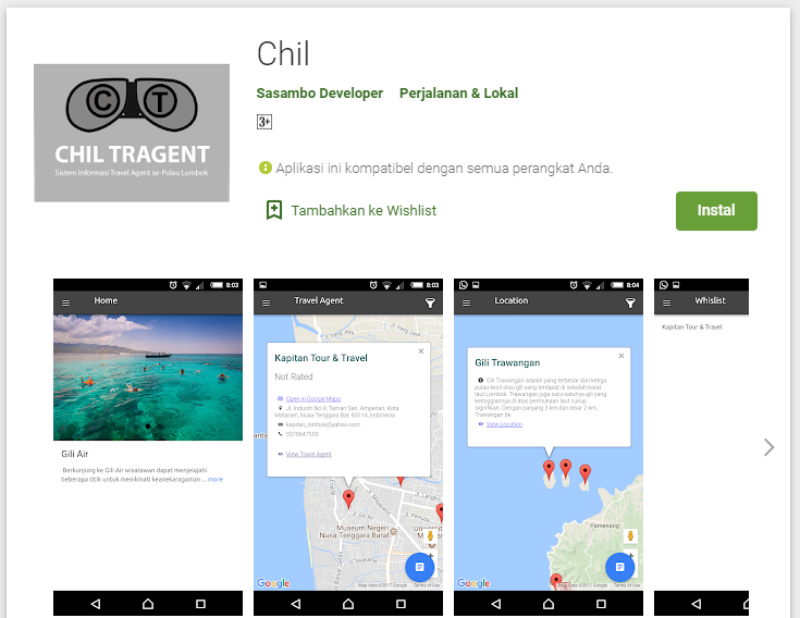 Halaman Google Play aplikasi Chil Tragent dengan paket tur dan peta lokasi
