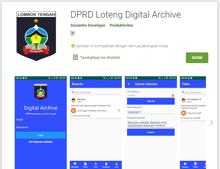 Halaman Google Play aplikasi DPRD Loteng Digital Archive dengan layar login dan unggah arsip