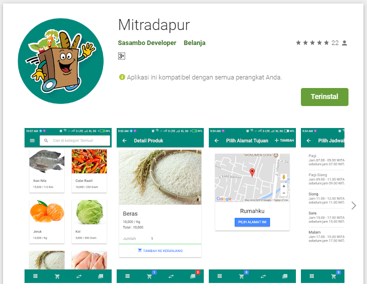 Halaman Google Play aplikasi Mitradapur dengan daftar ikan, sayur, beras, dan peta alamat pengantaran