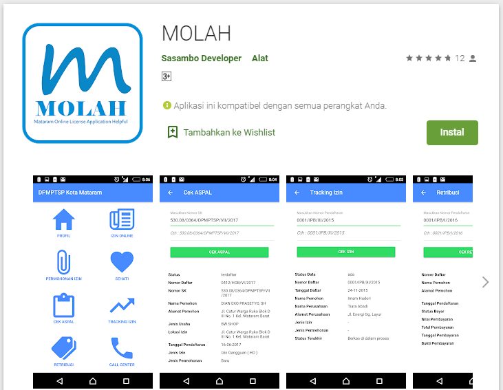 Halaman Google Play aplikasi MOLAH dengan tangkapan layar menu izin online, cek aspal, tracking izin, dan retribusi