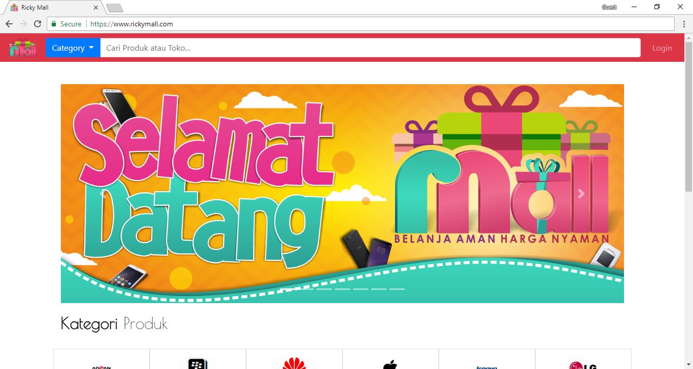 Halaman depan Rickymall.com dengan banner Selamat Datang dan daftar kategori produk